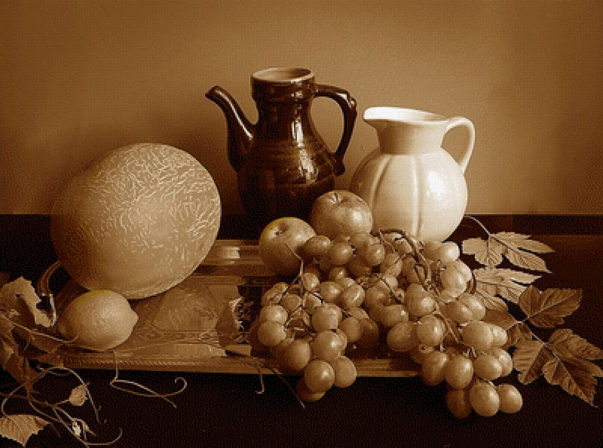 Натюрморт - кувшин, дыня, натюрморт, виноград - предпросмотр