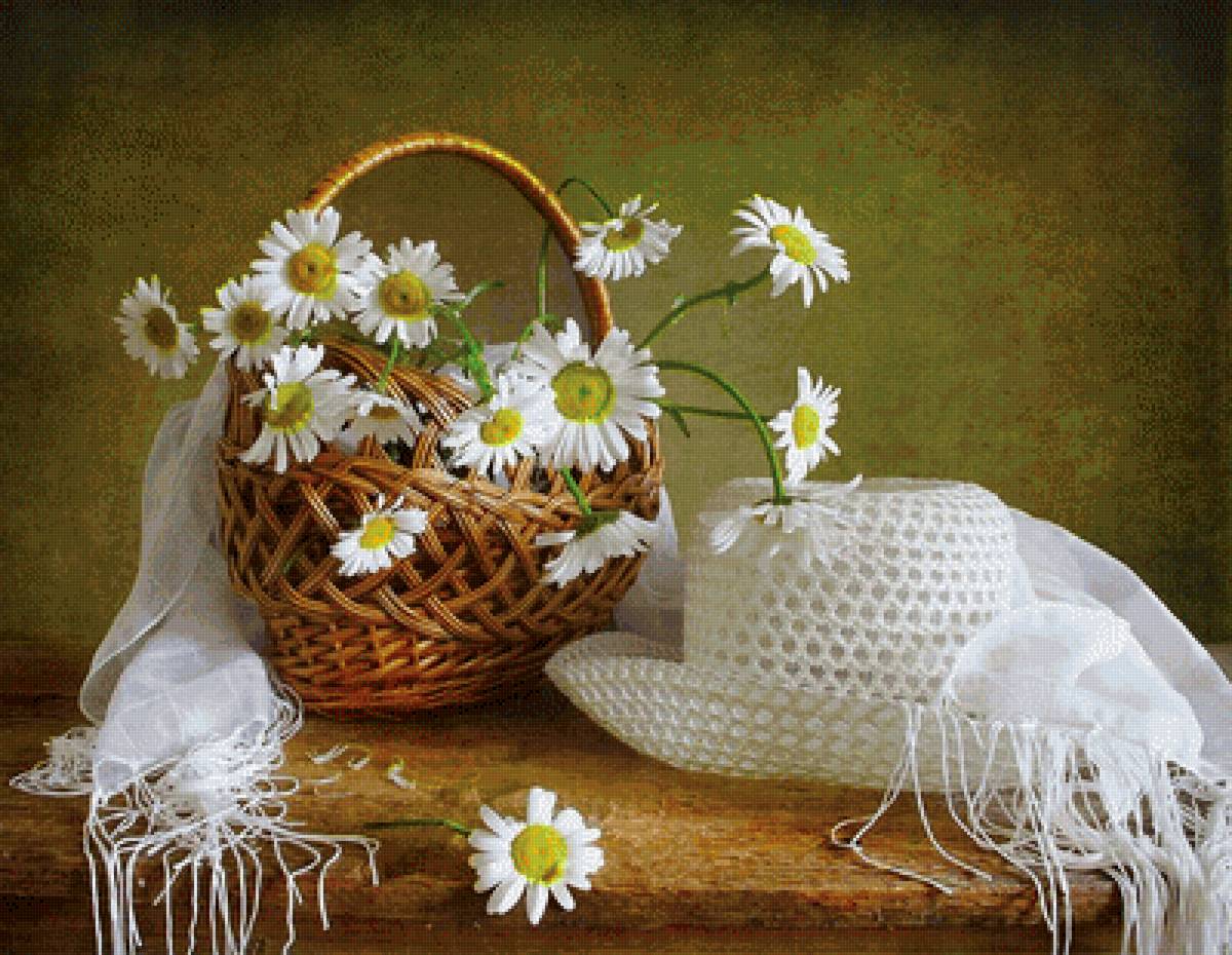 Летний день - букет, цветы, натюрморт, шляпа, ромашки - предпросмотр