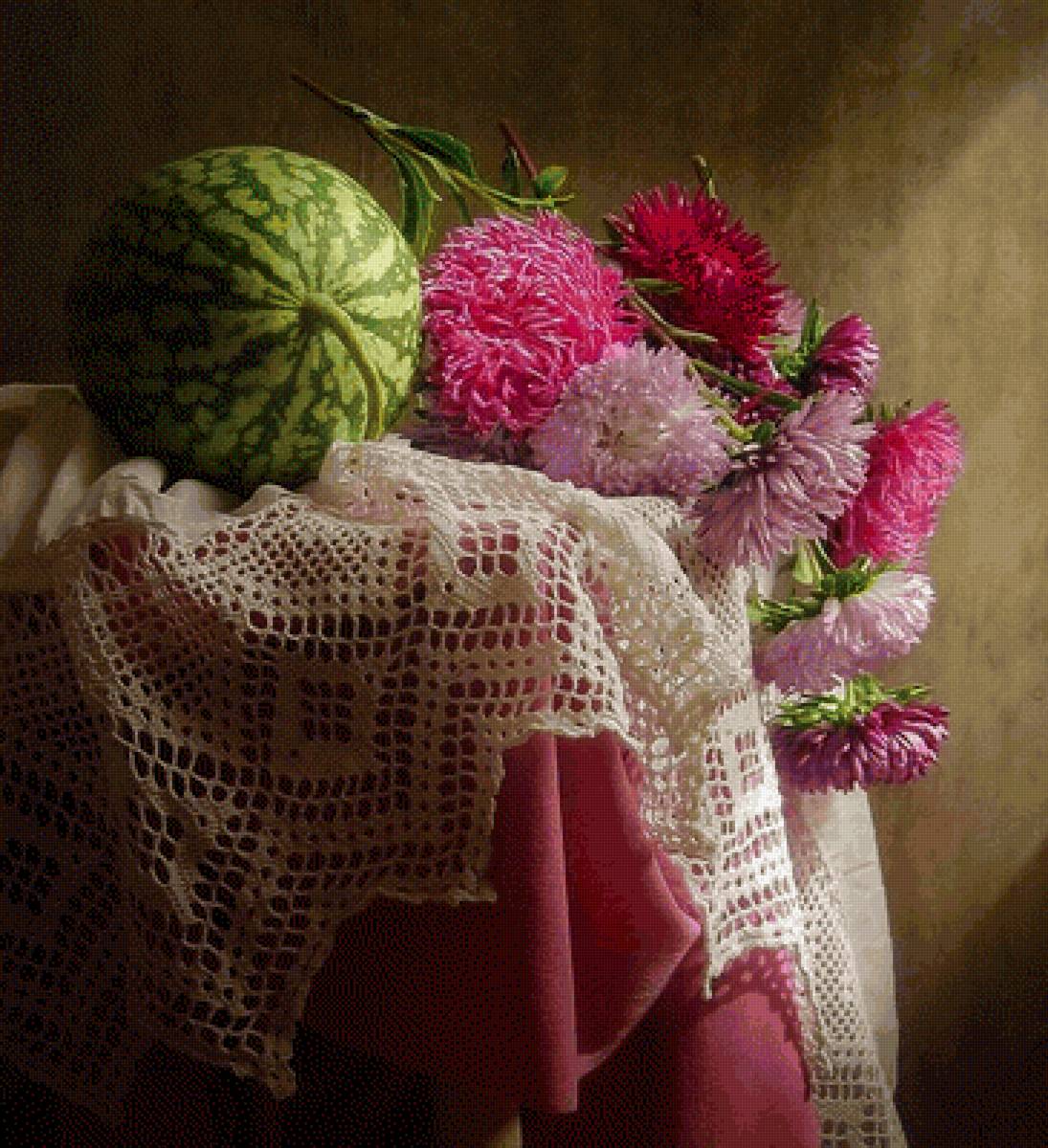 Астры и арбуз - натюрморт - предпросмотр