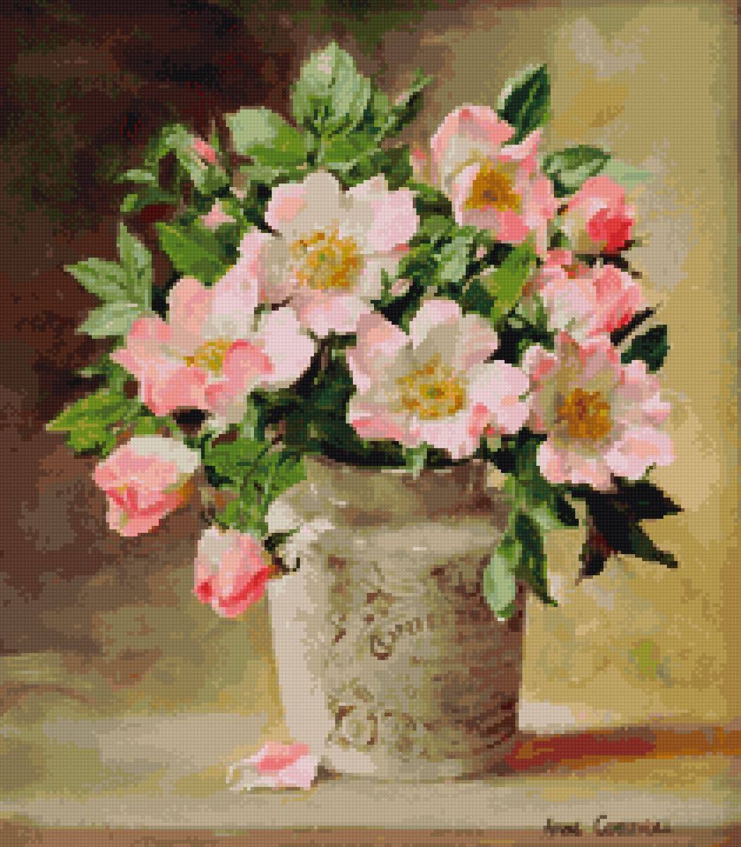 Букет Шиповника. Худ. Энн Коттерилл - энн коттерилл, букет, до 240 крестиков - предпросмотр