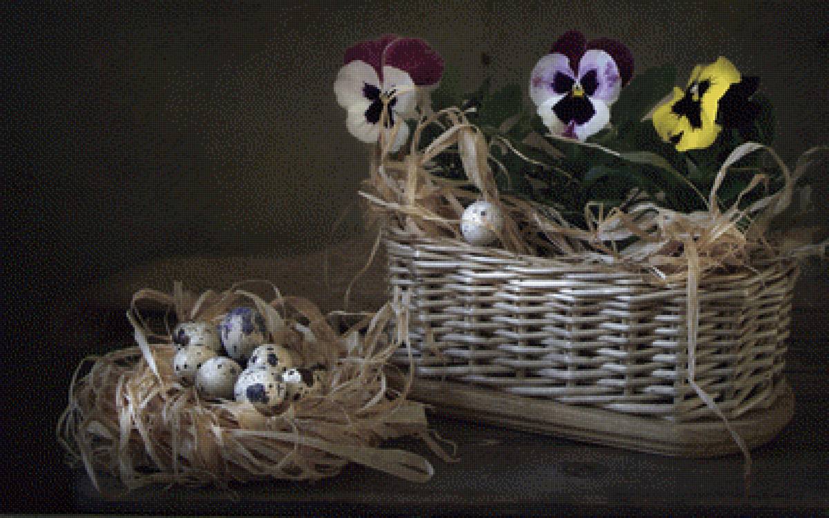 Анютины глазки - яйца, корзина, букет, цветы, анютины глазки, натюрморт - предпросмотр