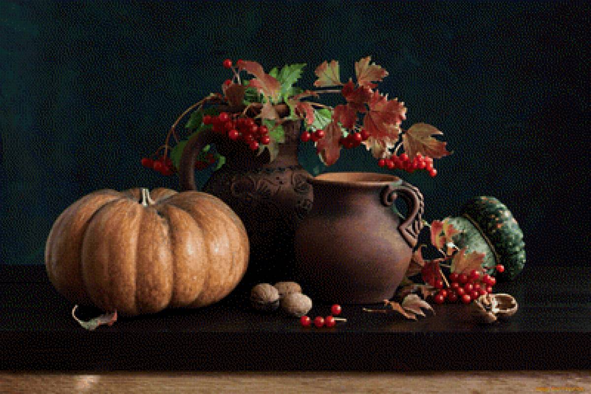 №2526050 - натюрморт, осень, калина, урожай, ягоды, тыква, орехи - предпросмотр