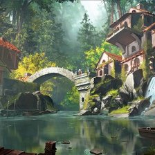 Домик и мельница в лесу