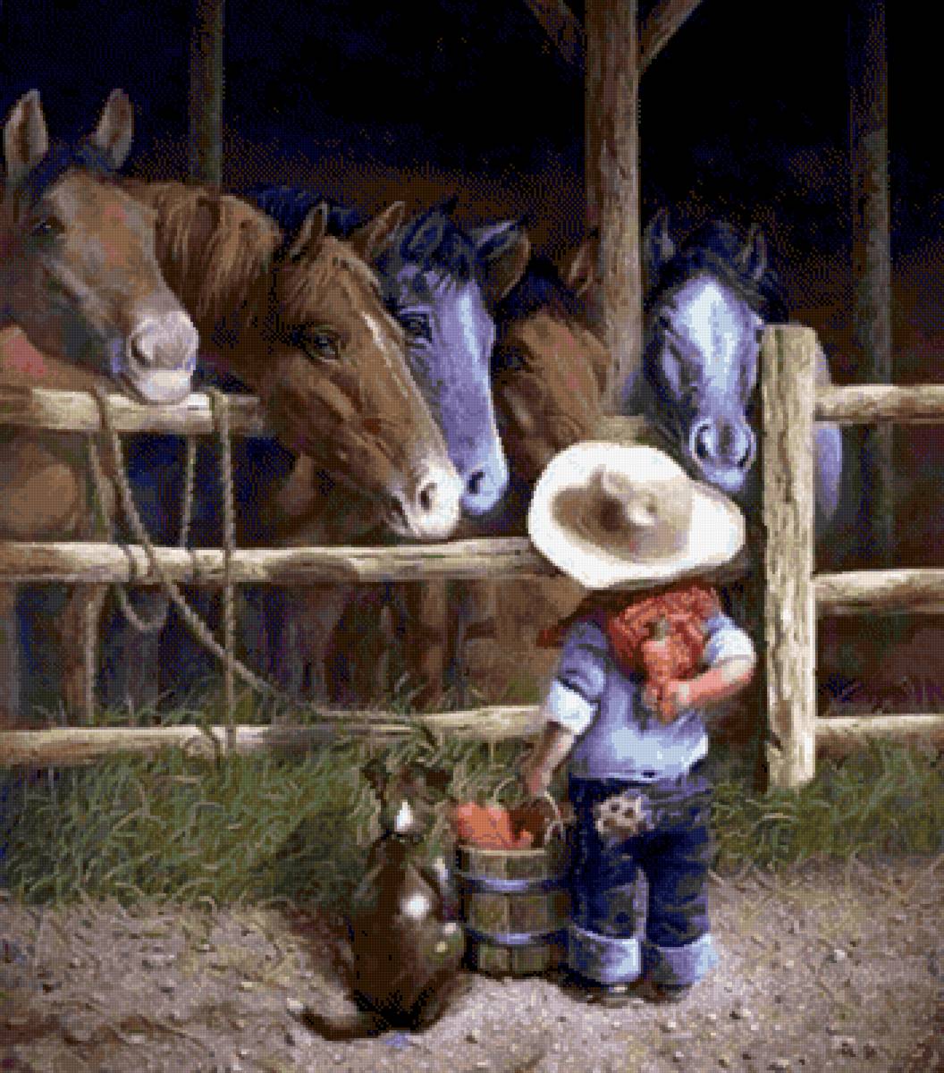 alimentando los caballos - paisaje - предпросмотр