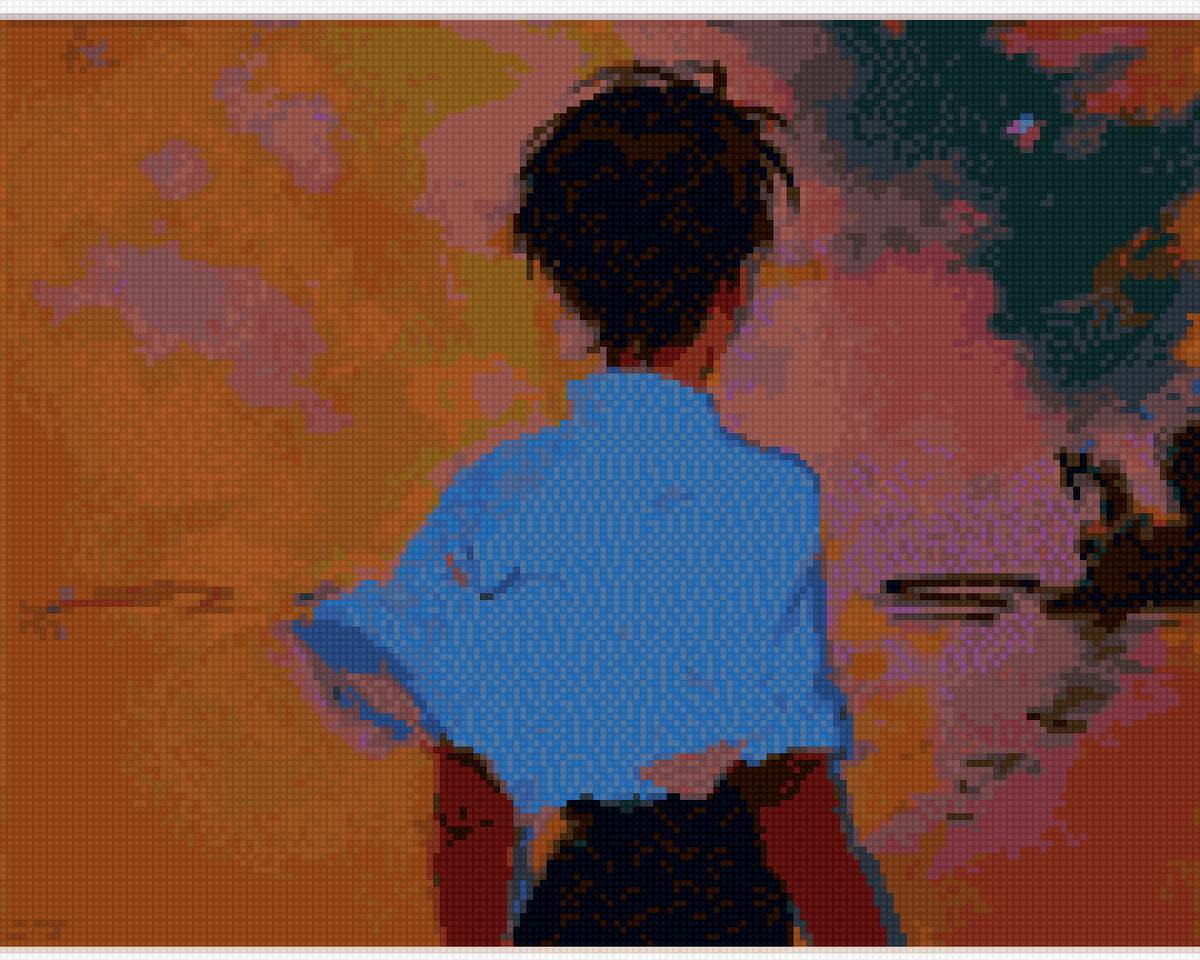 Закат - картина, парень, закат, аниме - предпросмотр