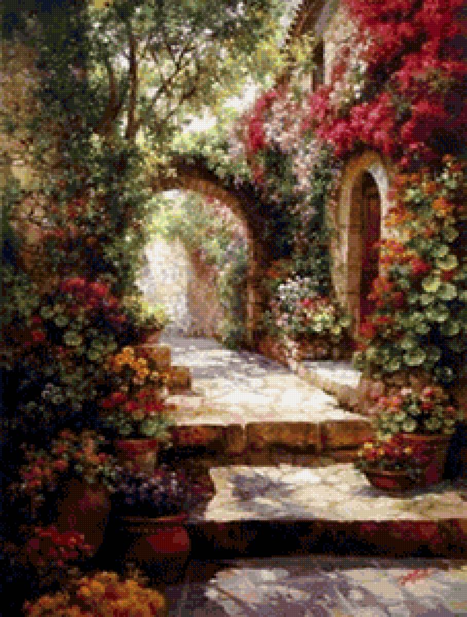 Дворик - лестница, дворик, розы, цветы - предпросмотр