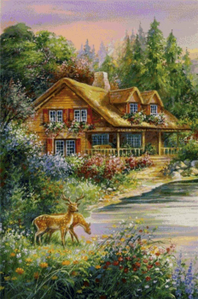 Дом у озера - лес, цветы, природа, озеро, дом - предпросмотр