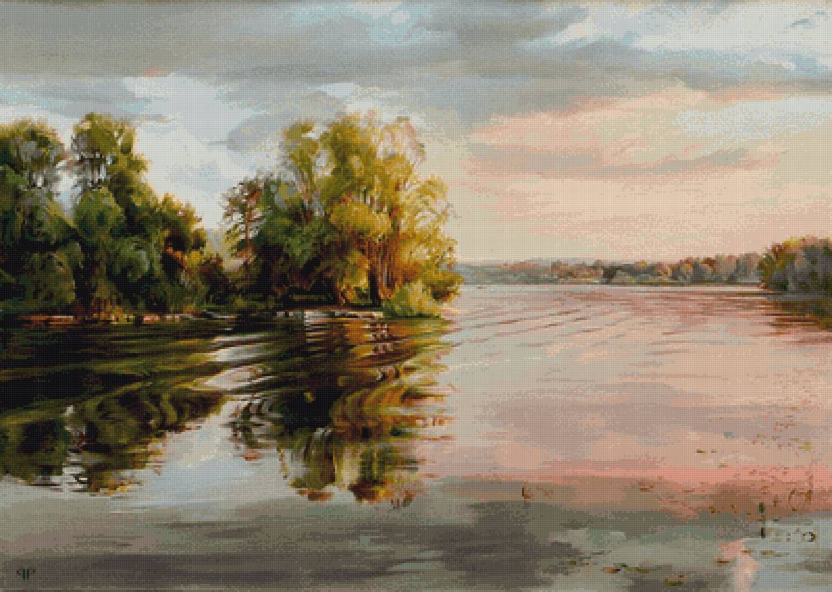 пейзаж - лето, пейзаж, берег, закат, вечер, река - предпросмотр