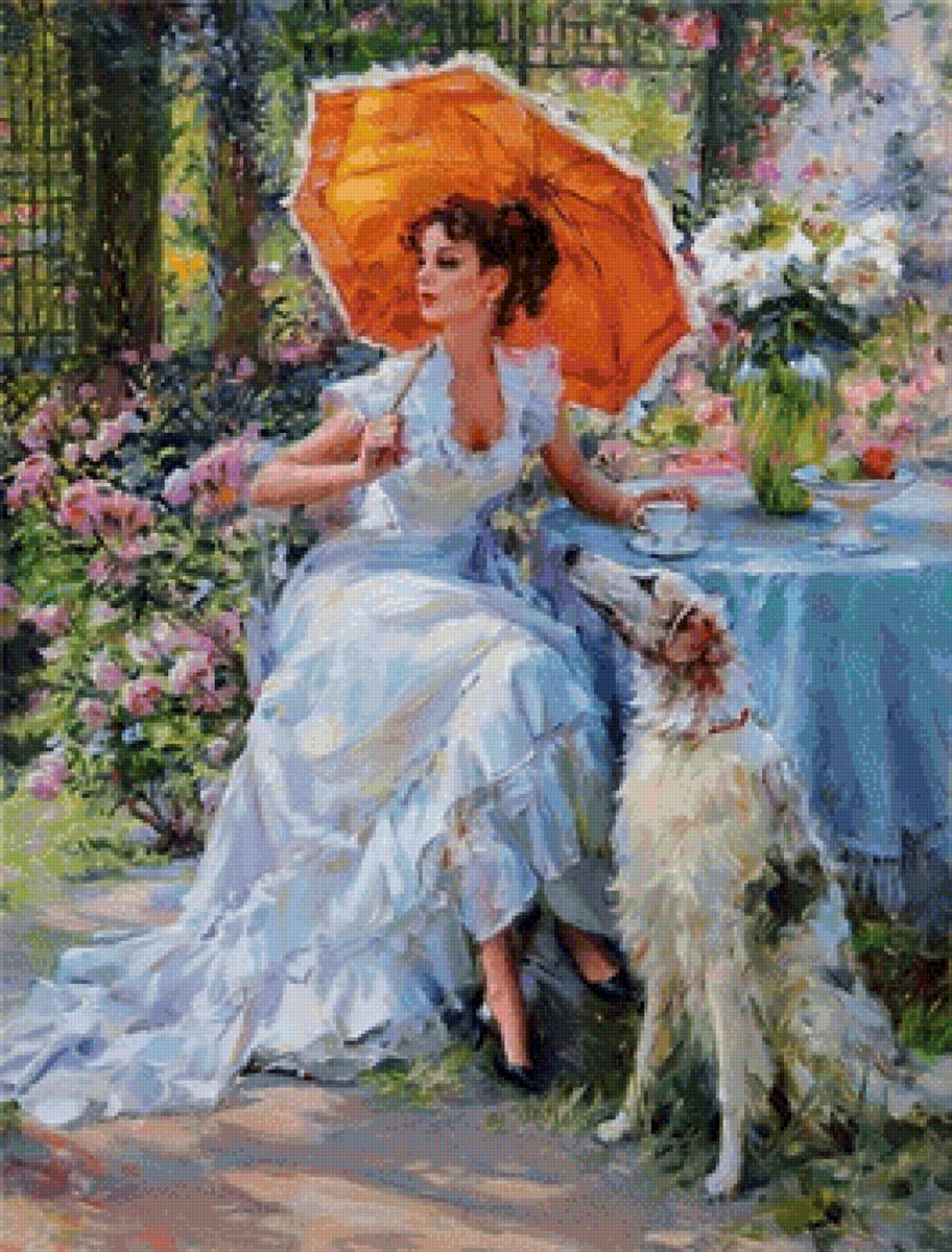 Девушка с зонтиком - девушка, лето, собака - предпросмотр