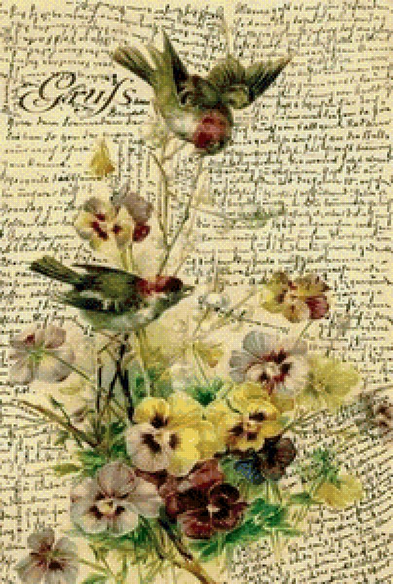 Винтаж - винтаж, незабудки, птицы, цветы - предпросмотр