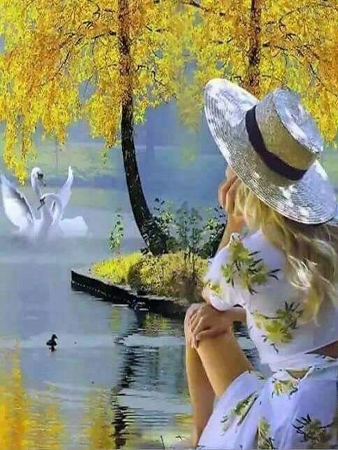 Девушка у озера - девушка, озеро, лебеди - оригинал