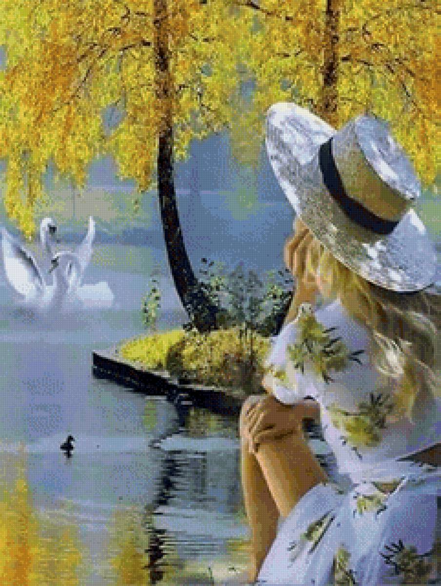 Девушка у озера - девушка, лебеди, озеро - предпросмотр