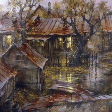 Схема вышивки «осень, дом, дождь, пнк»