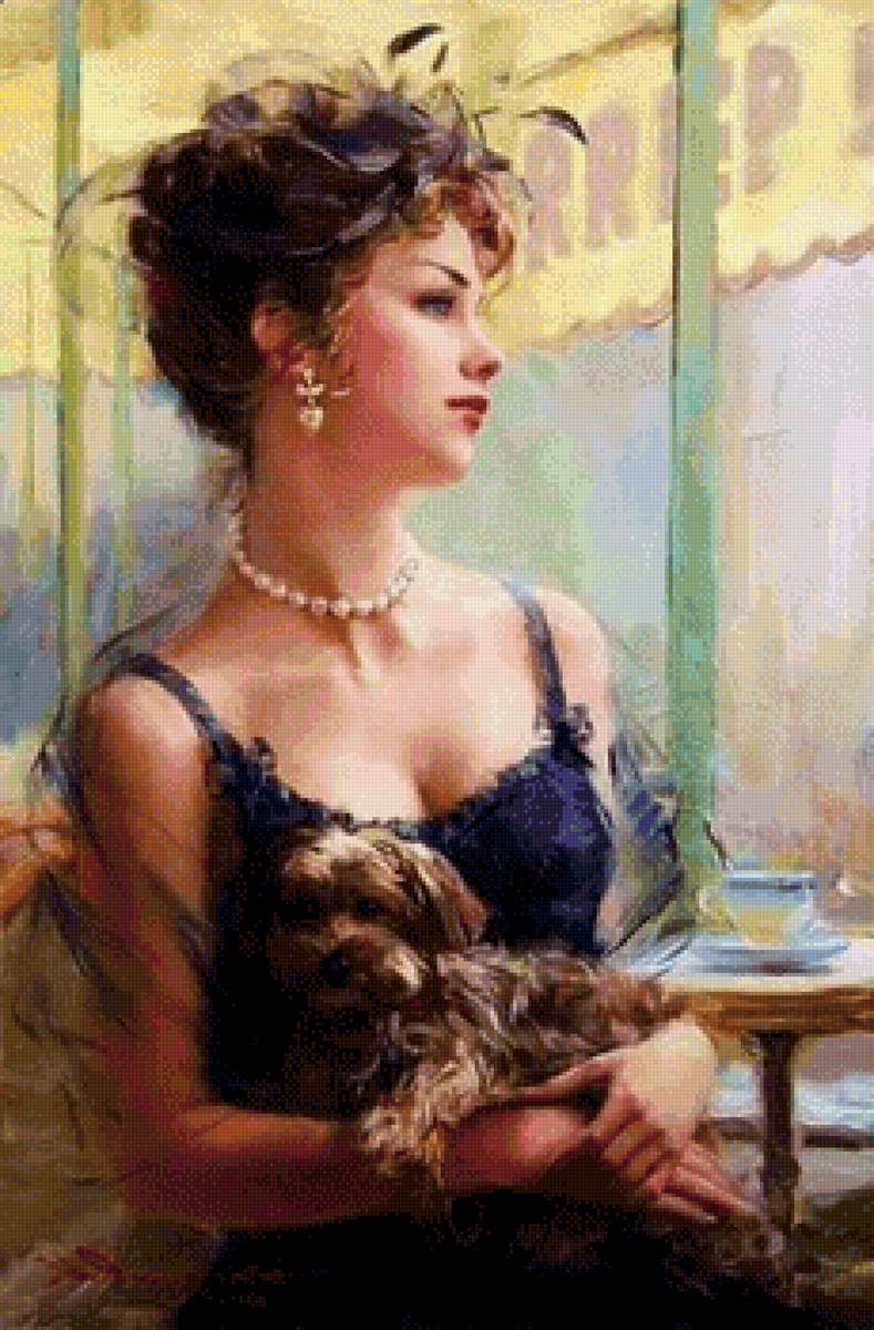 Дама с собачкой - девушка, кафе, красивая - предпросмотр