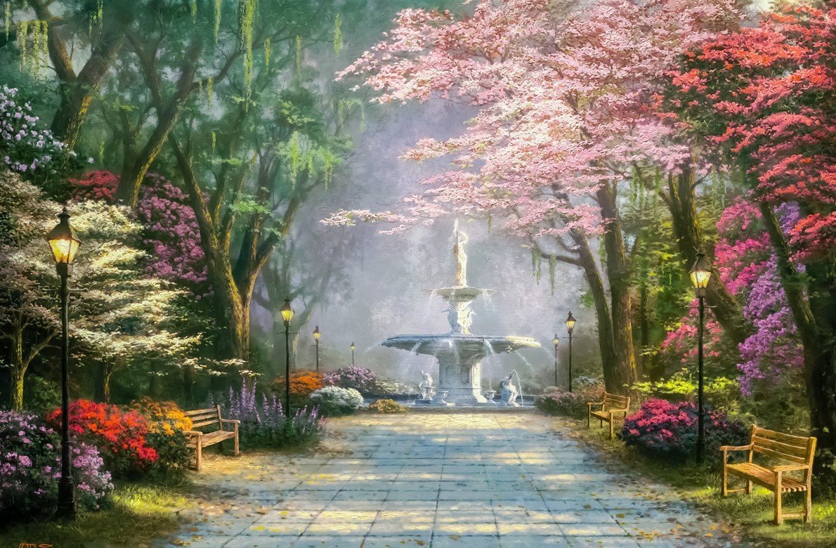 Томас Кинкейд - пейзаж, фонтан, томас кинкейд - оригинал