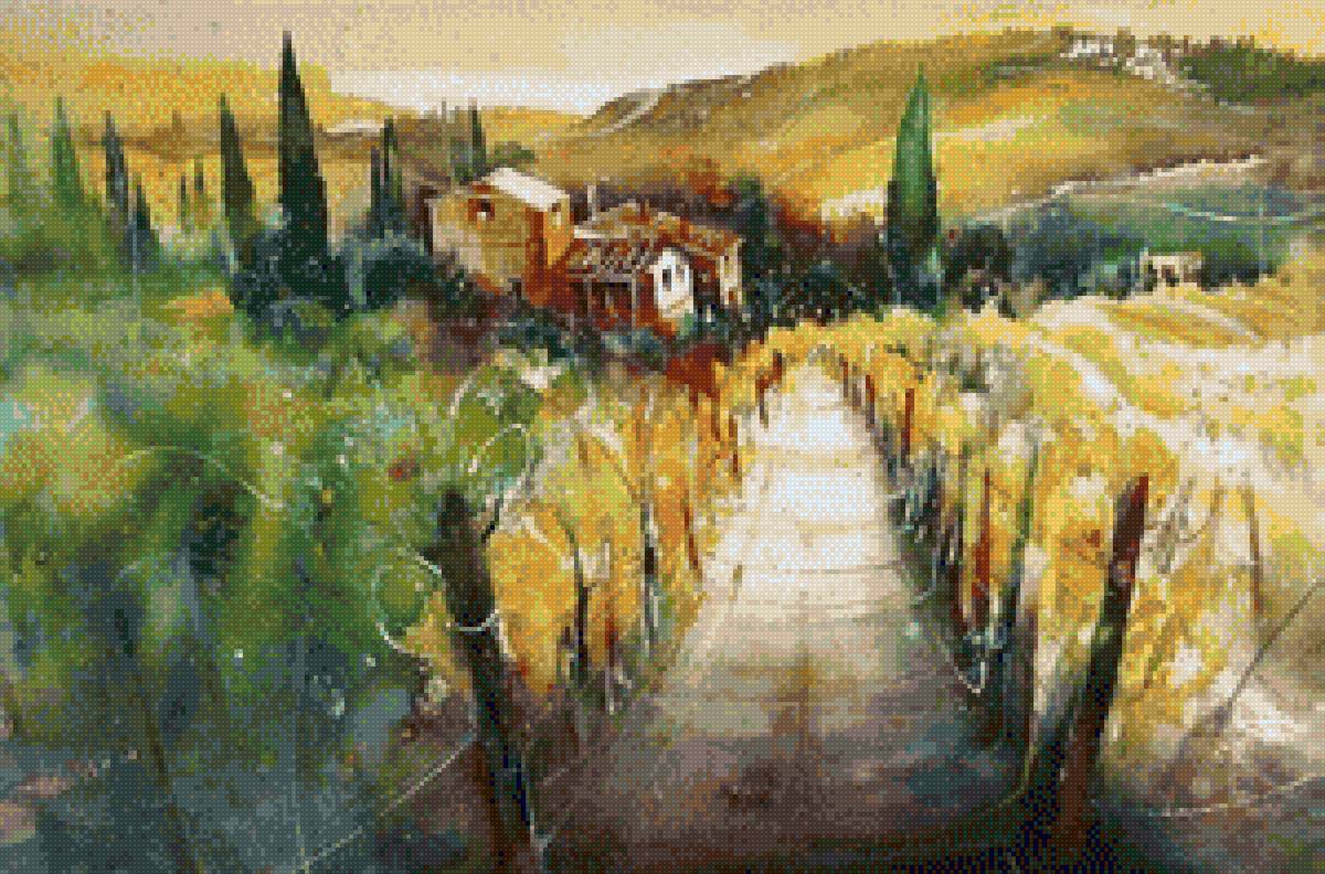 акварель - горы, дом, пейзаж, дорога - предпросмотр