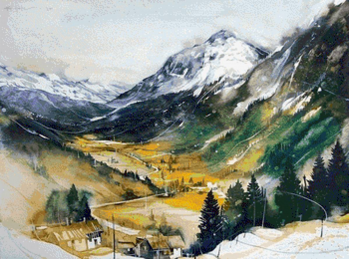 акварель - осень, дерево, пейзаж, горы - предпросмотр