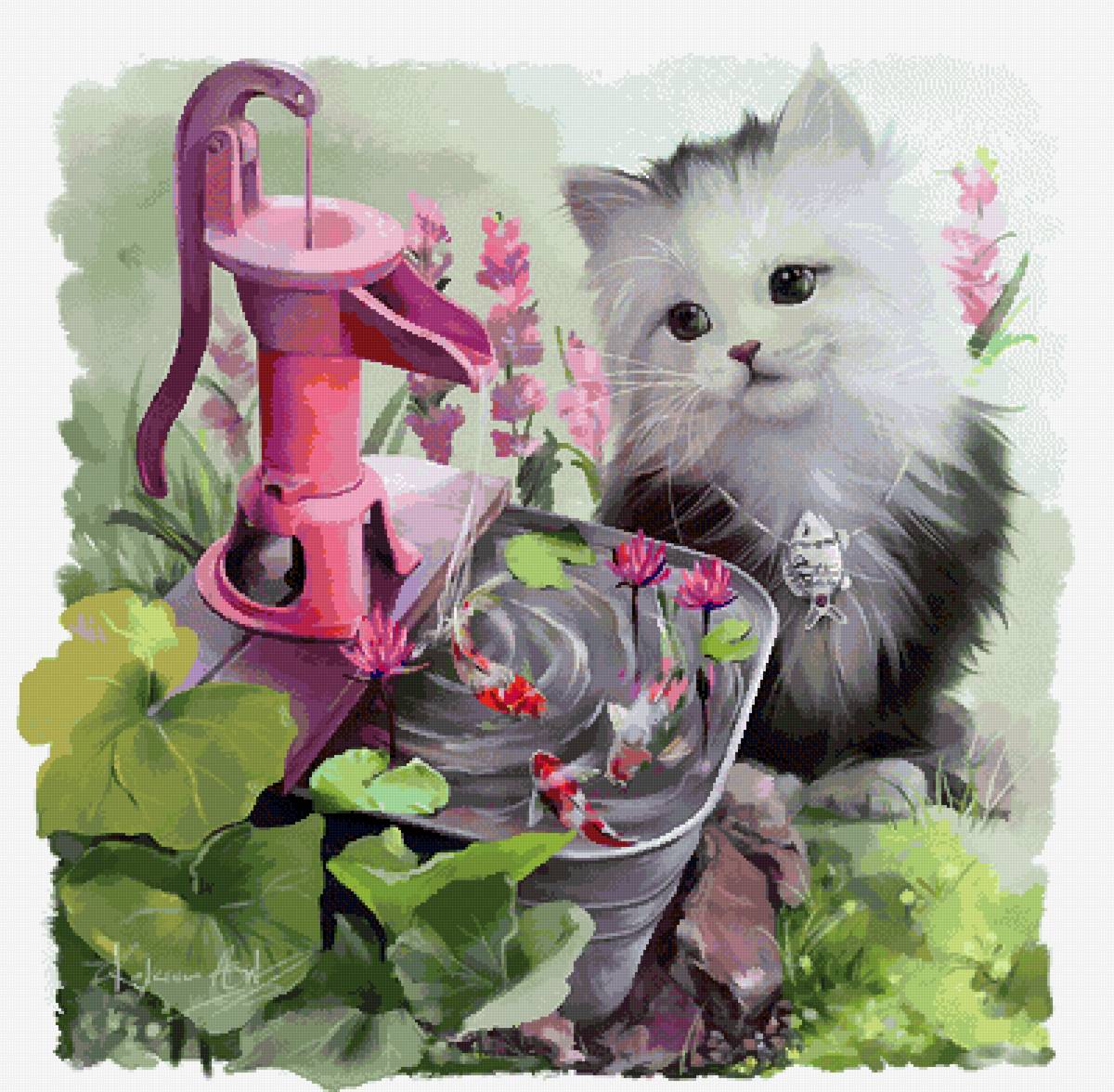 Котик и рыбки - кот, кран, рыбки, ведро - предпросмотр