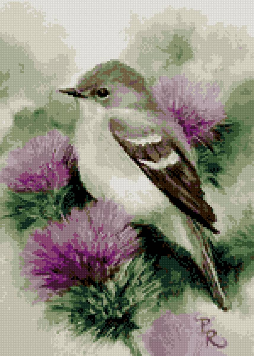 Воробей - dmc, цветы, птицы - предпросмотр
