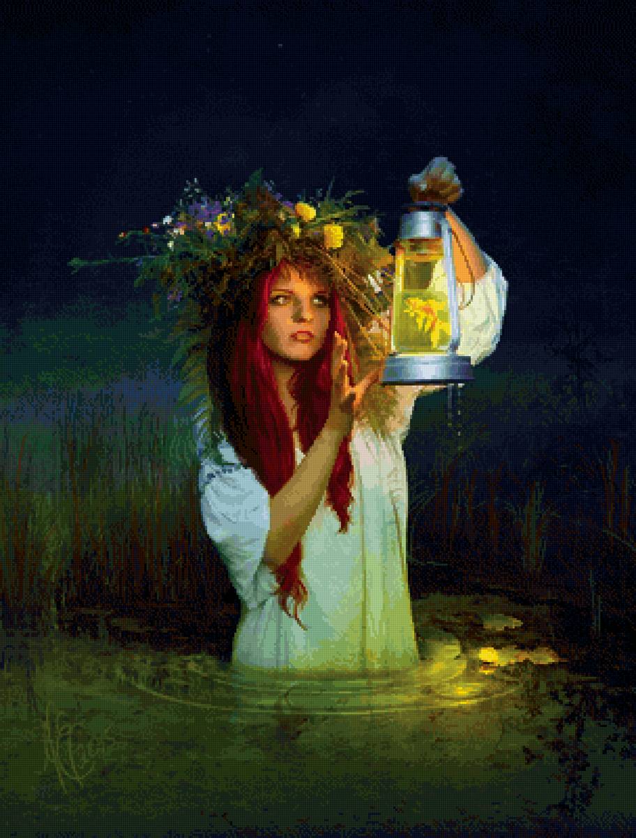 Золотая рыбка - девушка в венке, золотая рыбка, ночь, озеро - предпросмотр