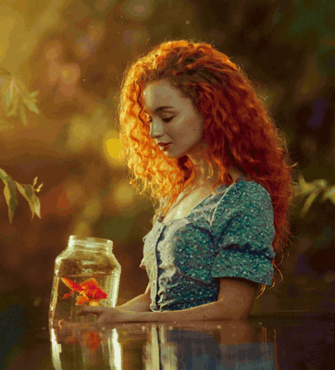 Девушка с золотой рыбкой - банка, золотая рыбка, девушка - предпросмотр