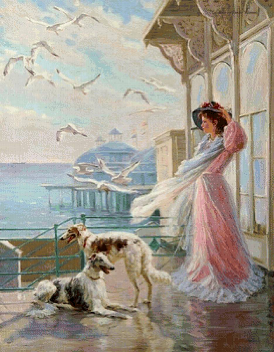 Девушка у моря - собака, море, девушка - предпросмотр