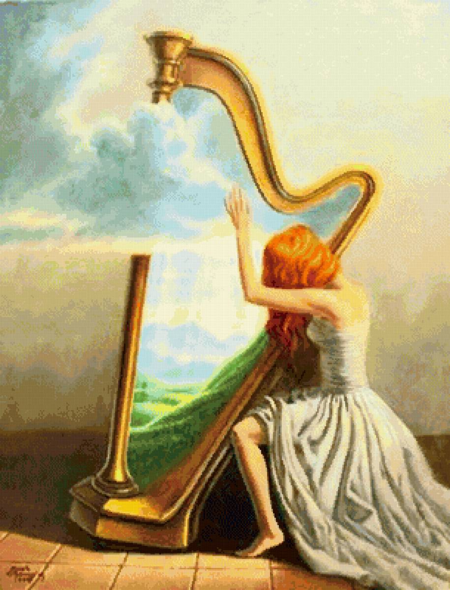 Игра на арфе - девушка, облака, сюрреализм, арфа - предпросмотр