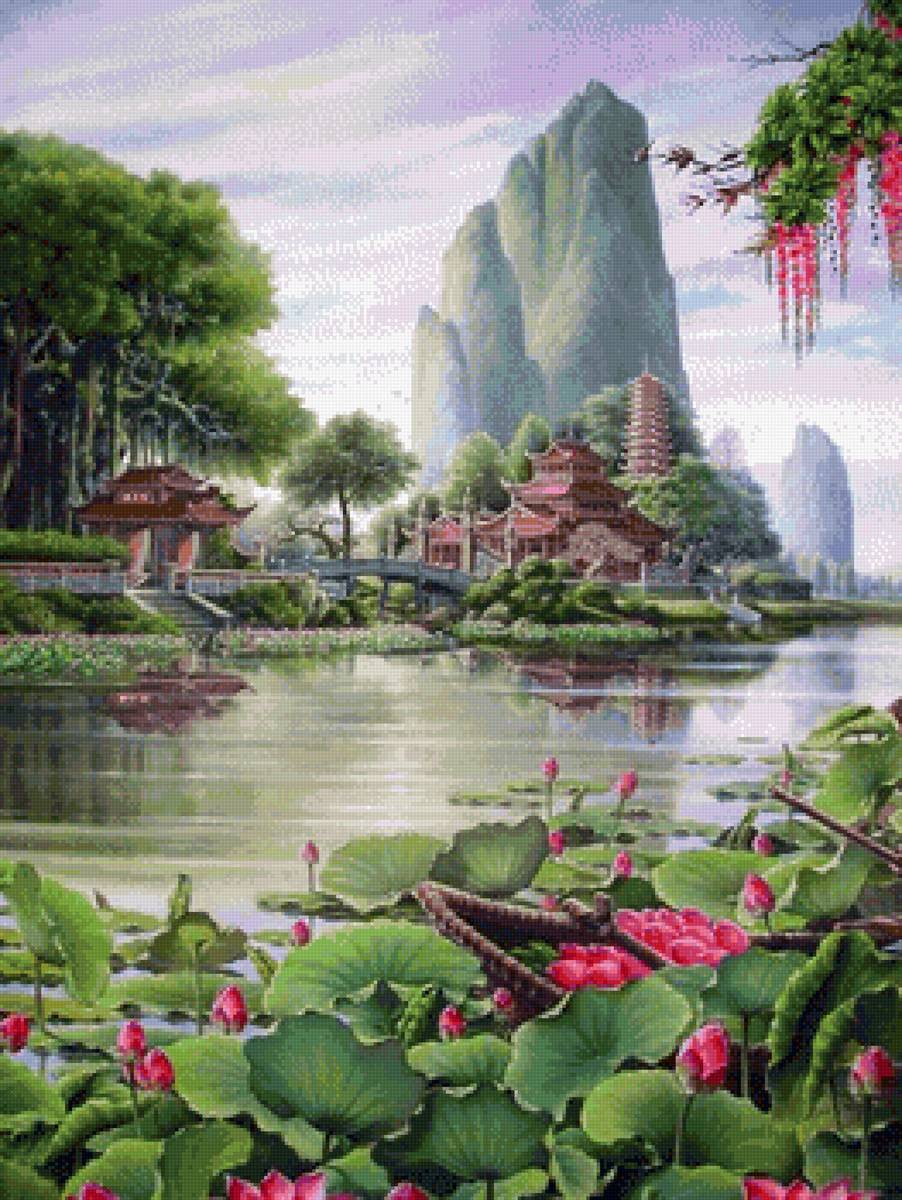 Япония - пейзаж, горы, япония, лотосы, озеро - предпросмотр