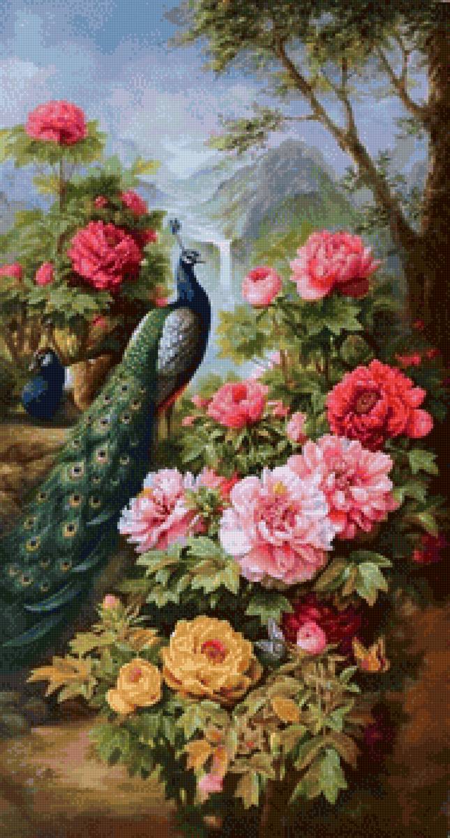 Павлины - цветы, павлины, птицы - предпросмотр