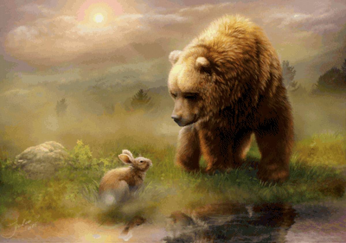 Мишка и заяц - речка, рыбка, медведь, солнце, заяц, лучи, облака, тучи - предпросмотр