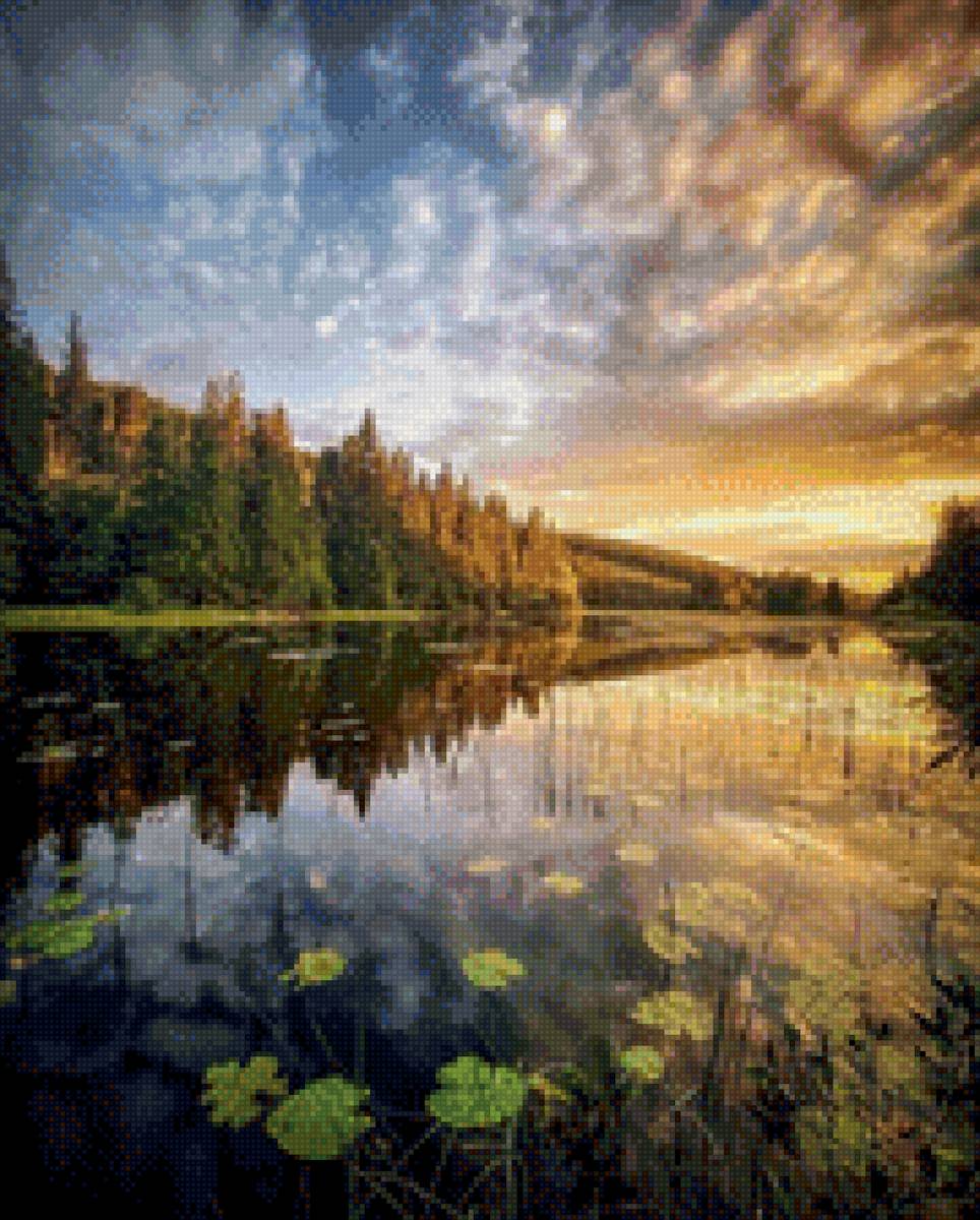 Закат - закат, лес, пейзаж, река - предпросмотр