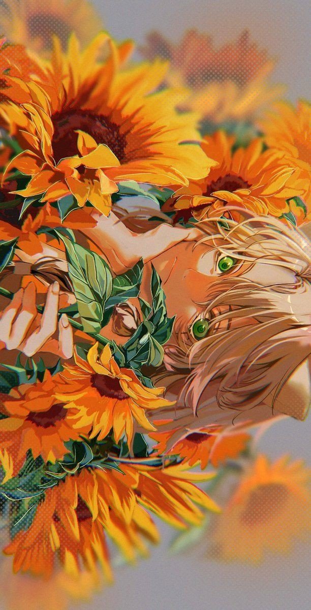 Подсолнухи - подсолнухи, желтые подсолнухи, девушка, аниме, цветы - оригинал