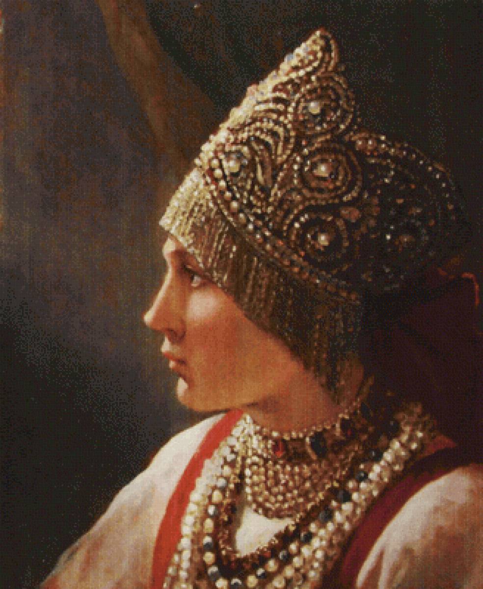 по мотивам картины А.А. Шишкина Русская девушка - вышивка крестиком, русская девушка, схема для вышивки, шишкин - предпросмотр