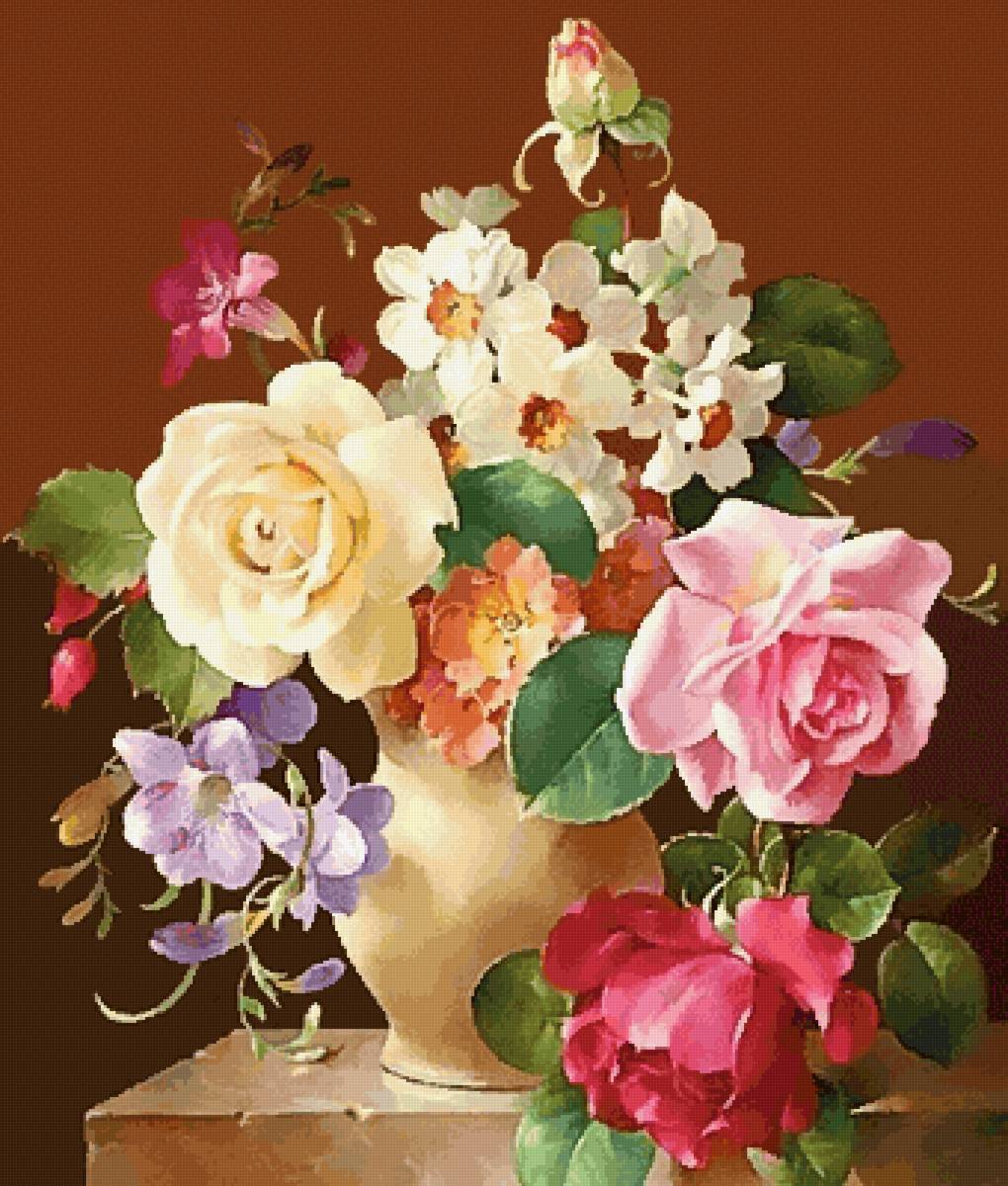 По картине Харольда Клейтона - живопись, цветы в вазе, винтаж, розы - предпросмотр