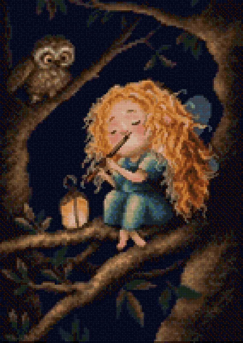 Девочка с флейтой - сова, флейта, девочка - предпросмотр