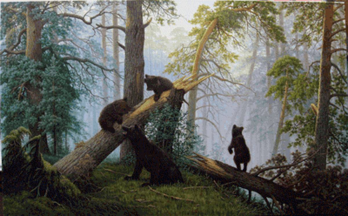 Утро в сосновом бору - лес, утро в сосновом бору, природа, звери, мишки - предпросмотр