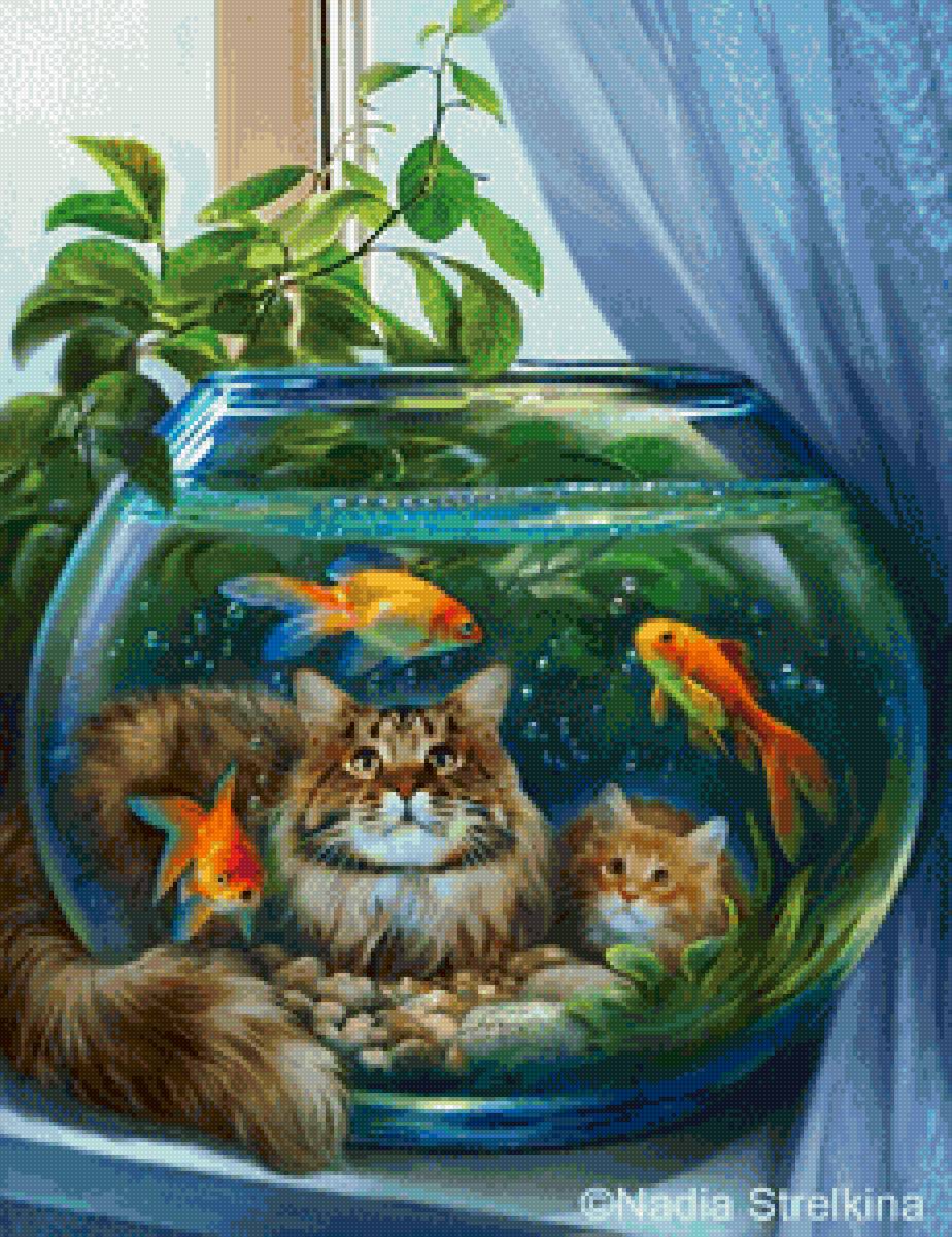 Мурзик и золотые рыбки - кот, золотые рыбки. - предпросмотр