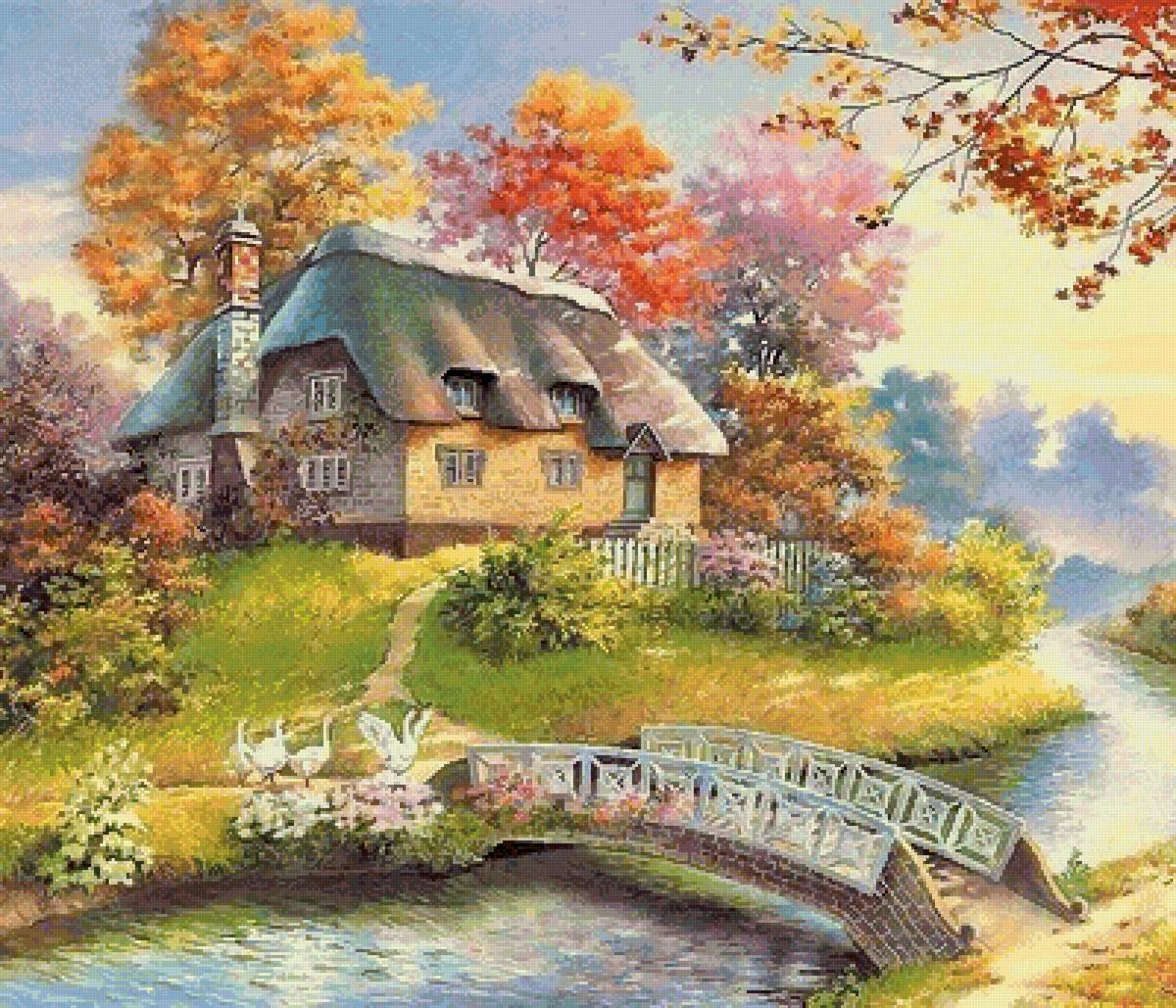 Осенний пейзаж - осень, домик, пейзаж - предпросмотр