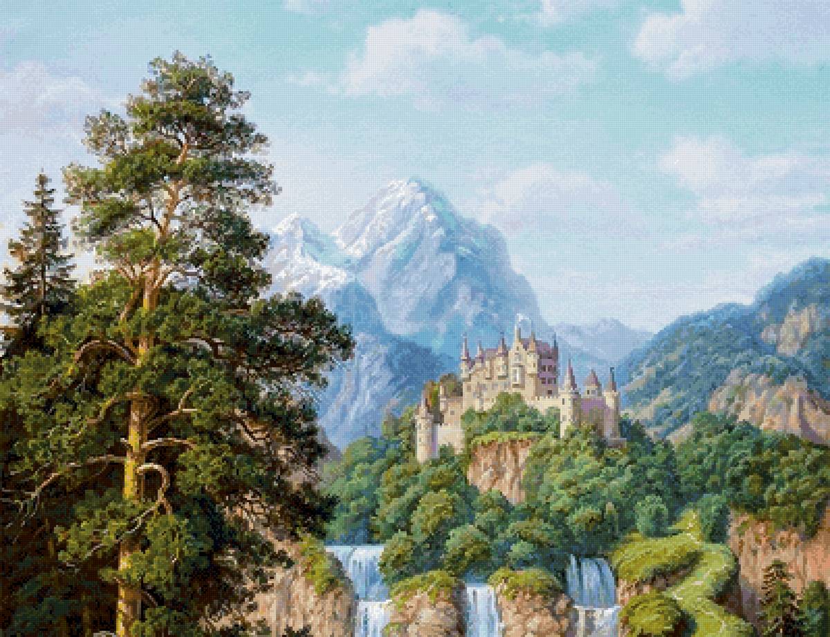 Замок с водопадом часть1 - замок водопад сосны пейзаж - предпросмотр