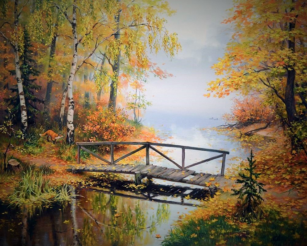 Иван Харченко. Осень. - березы, звери, пейзаж, лиса, иван харченко - оригинал