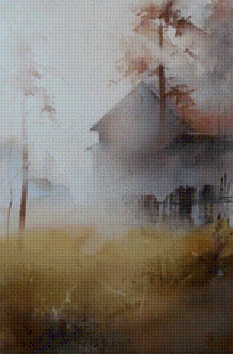 Туманная осень - туман, дом, осень, деревня, лес, пейзаж - предпросмотр