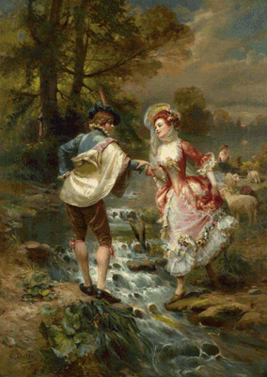 У ручья - пастораль, люди, двое, живопись - предпросмотр