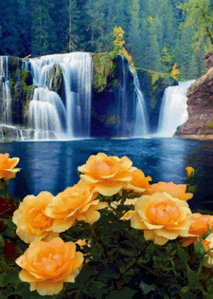 Водопад - природа, водопад, цветы, вода, розы - предпросмотр
