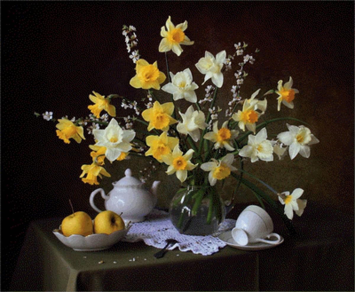 Нарциссы - нарциссы, цветы, яблоки, букет, натюрморт - предпросмотр