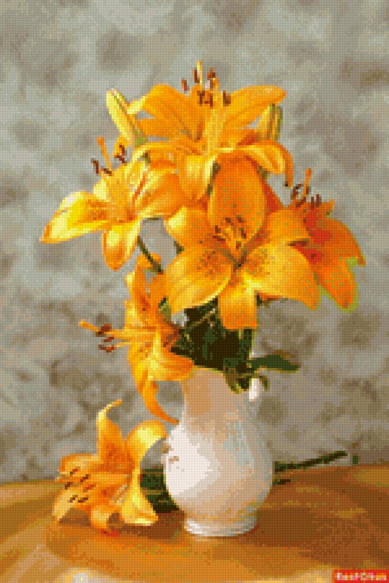 Лилии - букет, желтые лилии, золотые лилии, букет лилий, лилии на столе - предпросмотр