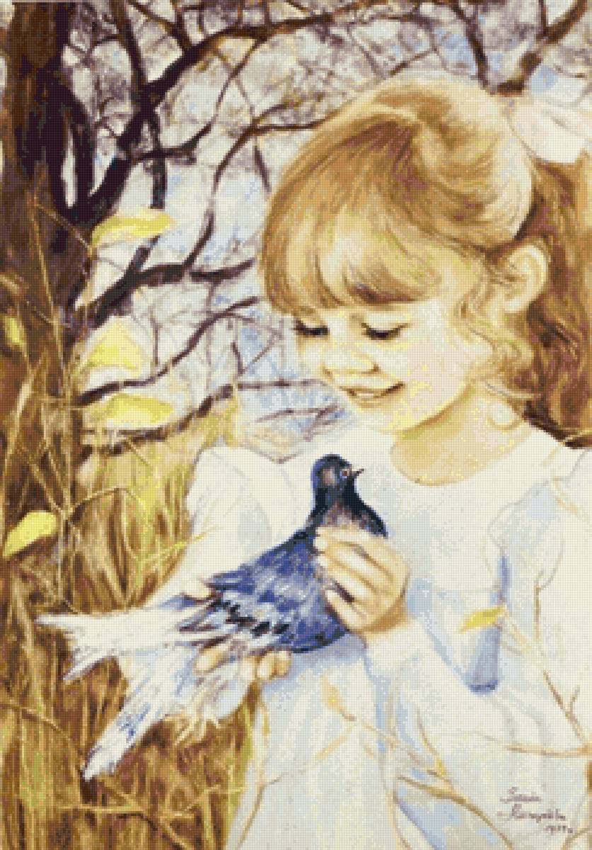 Девочка с голубем - рисунок - предпросмотр