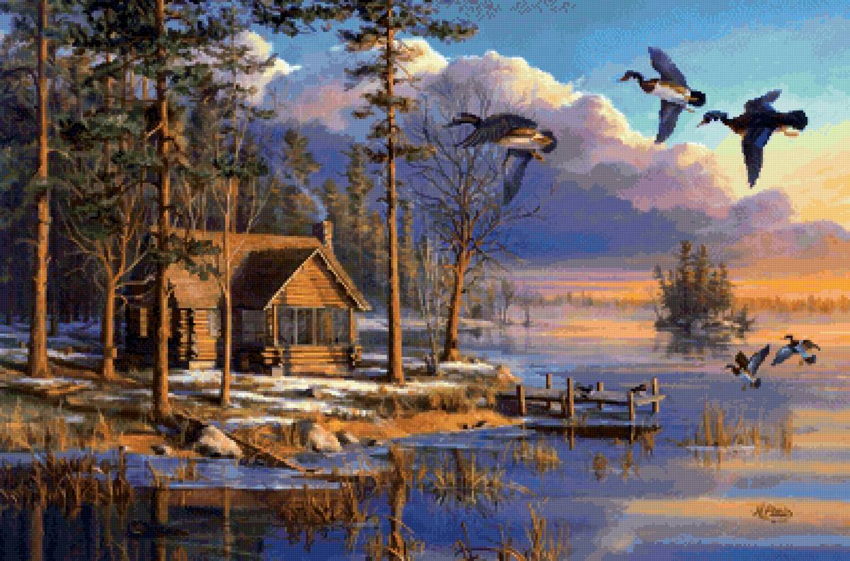 Домик у озера - утки, вода, пейзаж, природа, озеро, утка, дом, птицы - предпросмотр