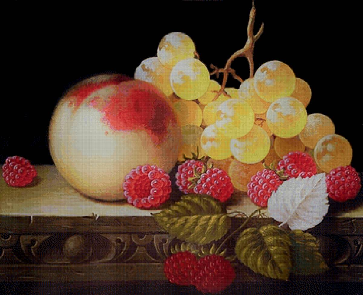 натюрморт - живопись, натюрморт, фрукты, виноград, малина, персик - предпросмотр