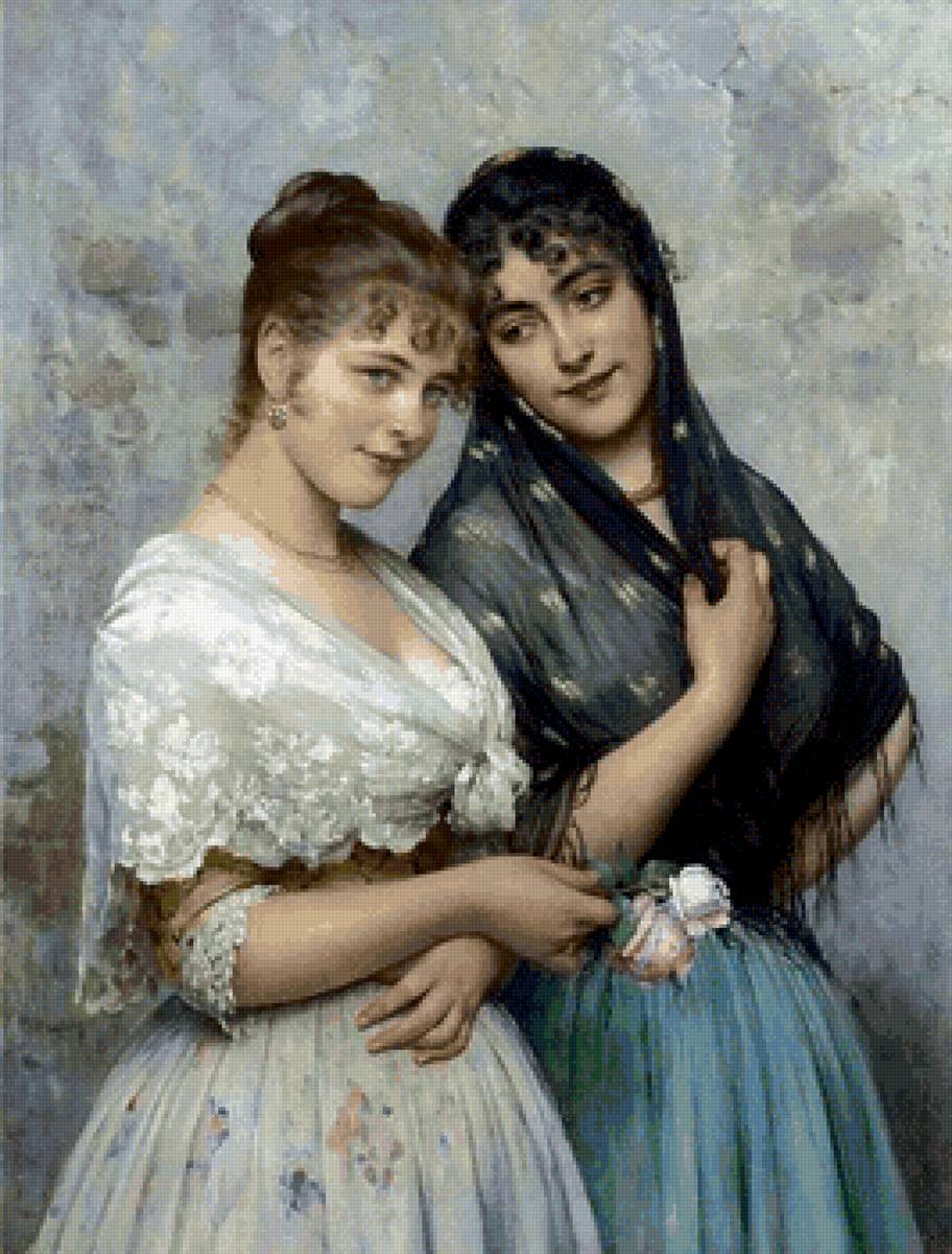 Две подруги - картина, живопись, цветы, люди, девушка - предпросмотр