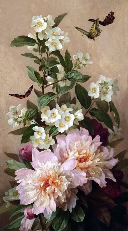 Картина - букет, цветы, бабочки, пионы - оригинал